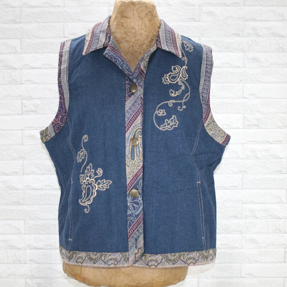 VINTAGE CITY BLUES Vest Denim Floral Paisley Embellished Coastal Cowgirl XLP